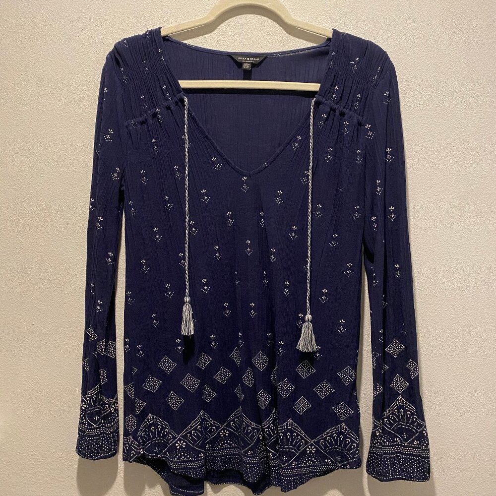 Lucky Brand Navy and White Patterened Blouse, Size Medium